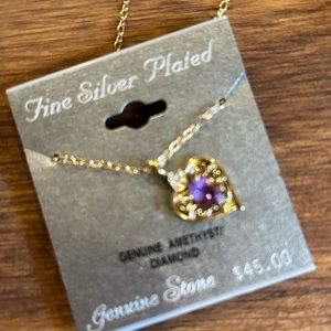 Genuine diamond amethyst pendant on gold chain!  Brand new!